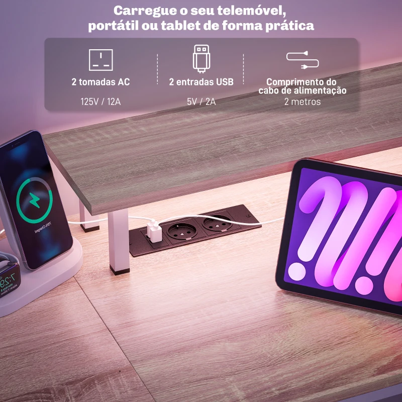 HOMCOM Mesa para Computador com Luzes LED Prateleiras Gavetas Plug Entrada USB e Suporte para Monitor 155,5x48x75,5 cm Madeira