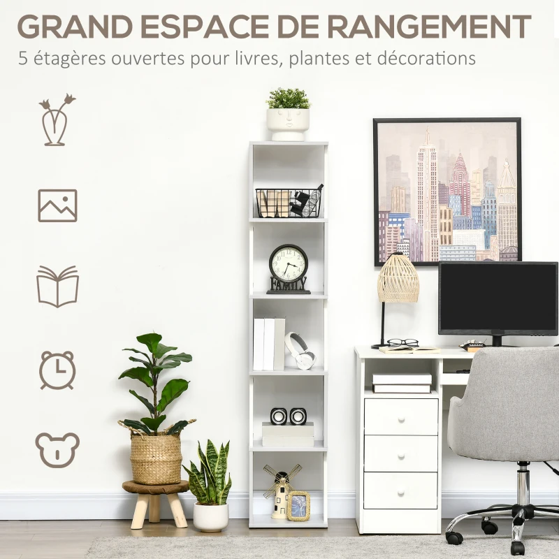 HOMCOM Bibliothèque étagère Design Moderne à 5 Niveaux – Rangement Pratique pour Maison ou Bureau, blanc et gris