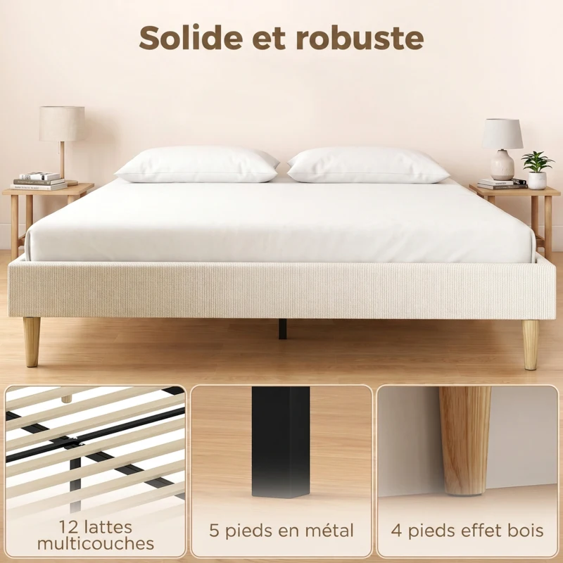 HOMCOM Cadre de Lit 160 x 200 cm avec Sommier, Lit Double Rembourré en Velours Côtelé, Espace de Rangement Au-Dessous, Crème