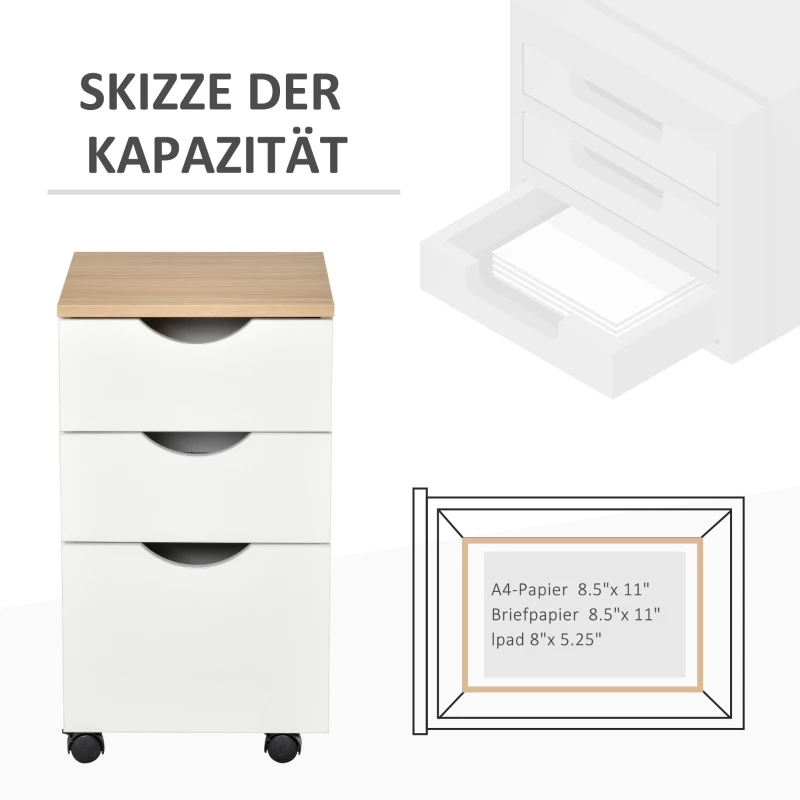 HOMCOM Rolcontainer archiefkast kantoorkast met 3 schuiflades 4 wielen MDF wit + naturel