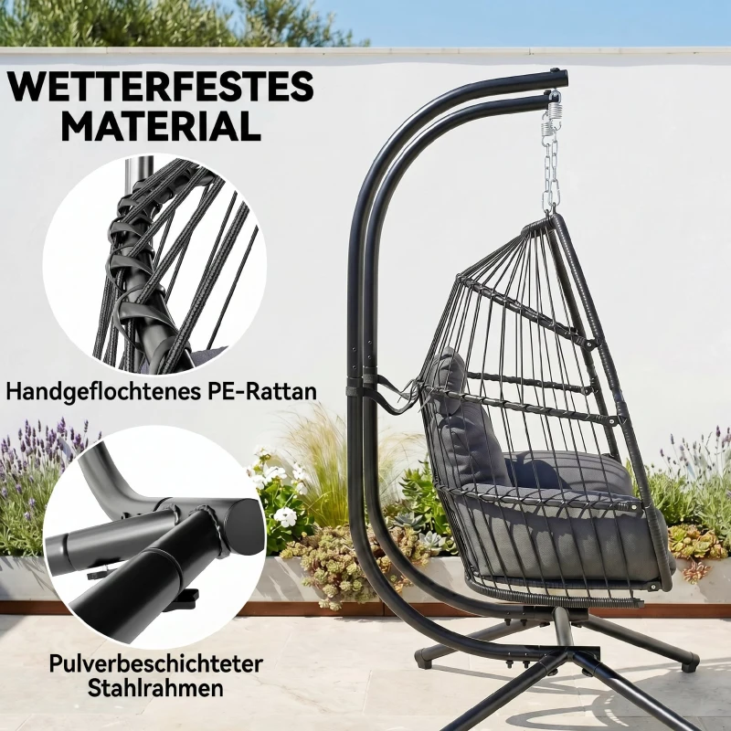 Outsunny Hangstoel, opvouwbare korfstoel met kussen, stalen frame, voor binnen en buiten, tot 260 kg belastbaar, donkergrijs