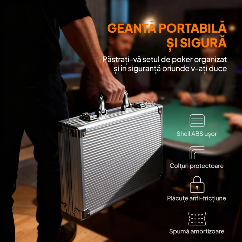 SPORTNOW Set de Poker pentru 10 jucători cu 400 de jetoane, 2 seturi de cărți, 5 zaruri, covoraș și servietă gri