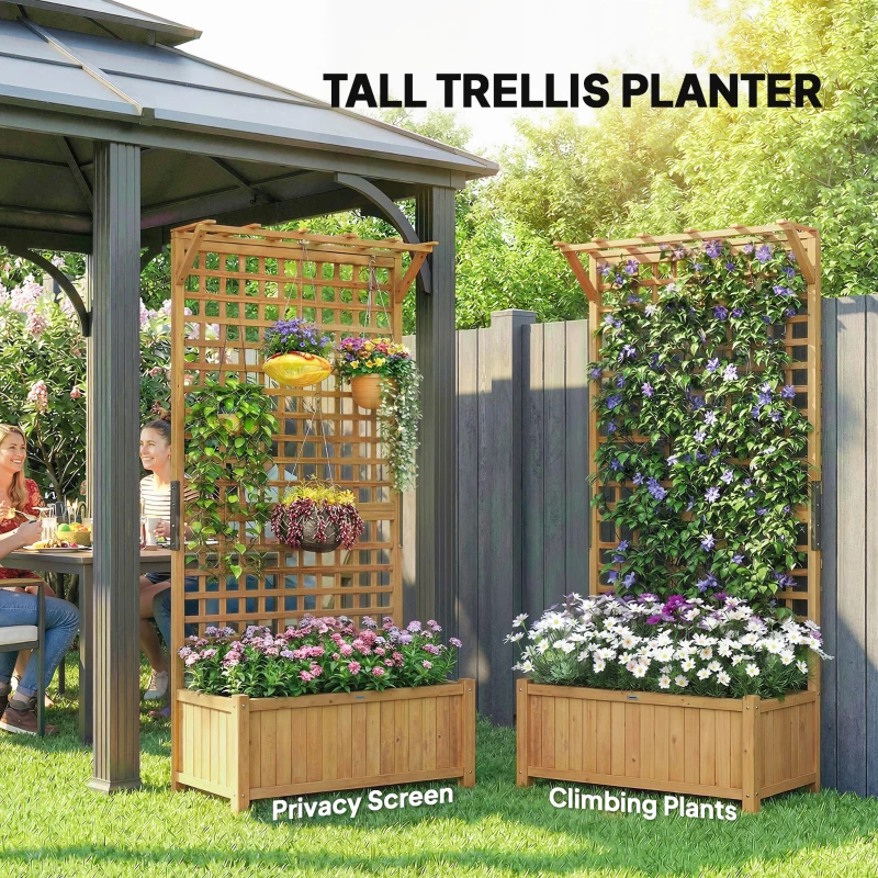 Outsunny Raised Bed with Drainage Holes, Wood Planter with Trellis for Climbing Plants to Grow Vegetables, Flowers, Yellow