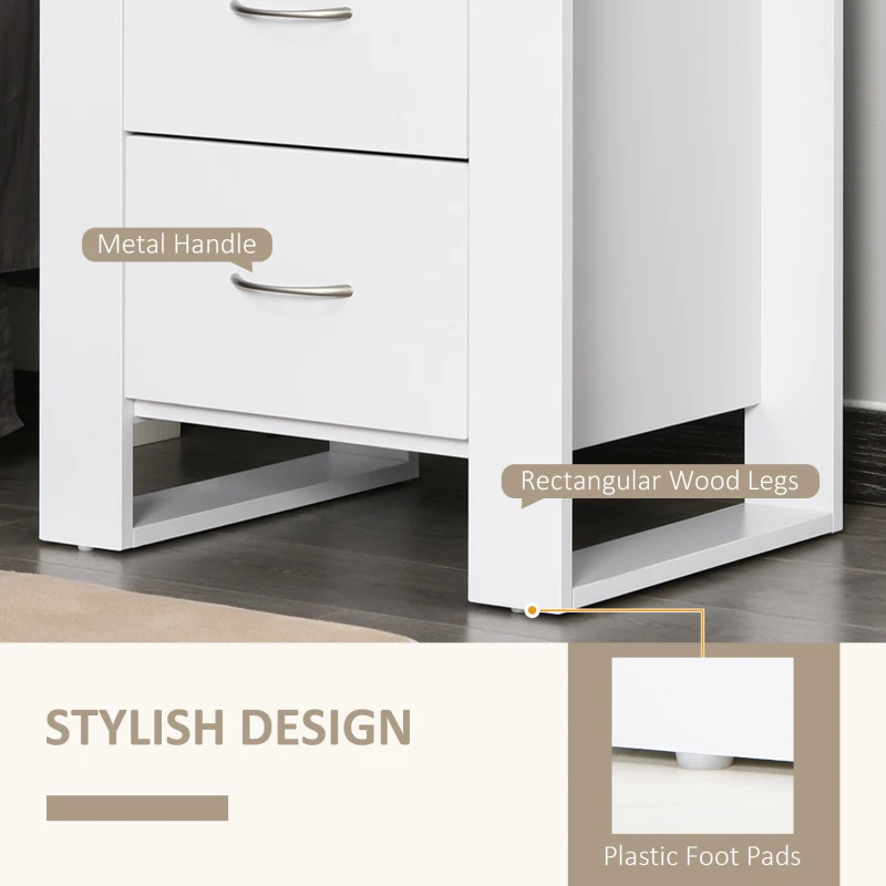 HOMCOM Bedside Table with 2 Drawers, Nightstand with Handles and Elevated Base, Side Table for Bedroom, Living Room, White