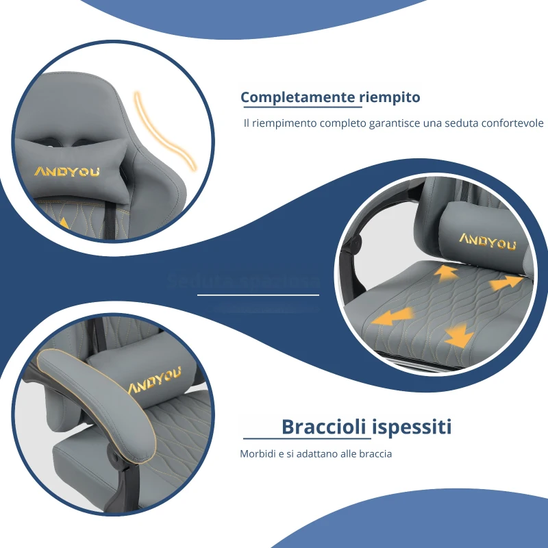 Sedia gaming con poggiapiedi, morbido cuscino per collo e lombare, cuscini di supporto rimovibili, 60x60x122 cm, Grigio