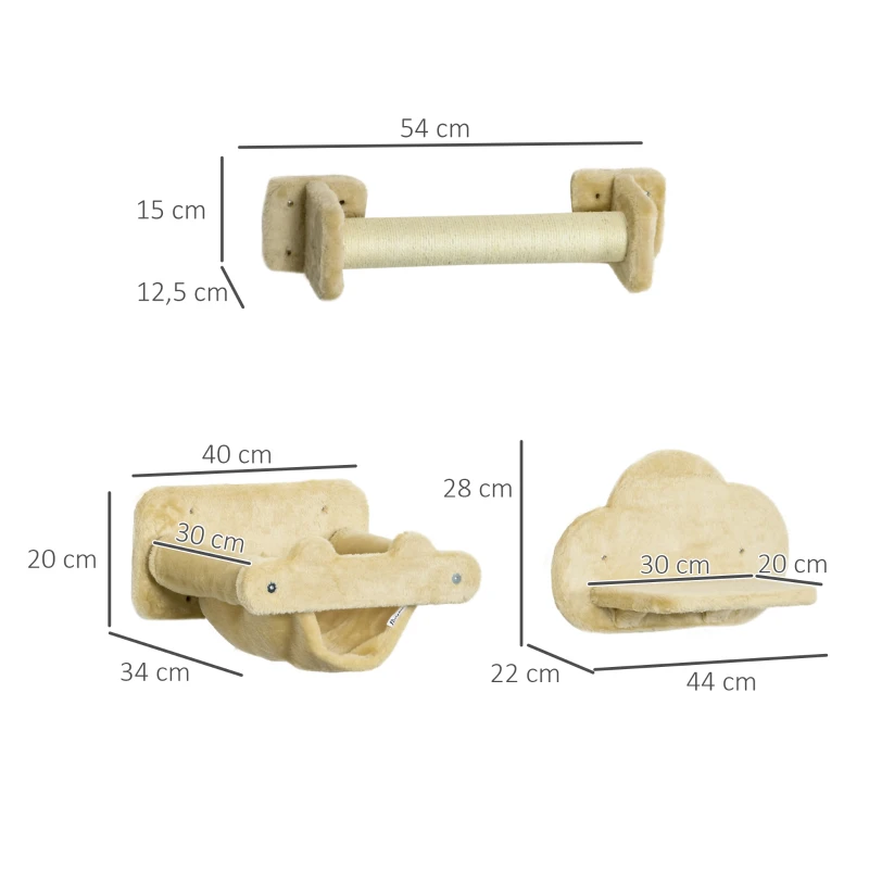 PawHut Katten trap, 5-delige set, 2 krabpalen, 2 platforms met pluche bekleding, hangmat, beige