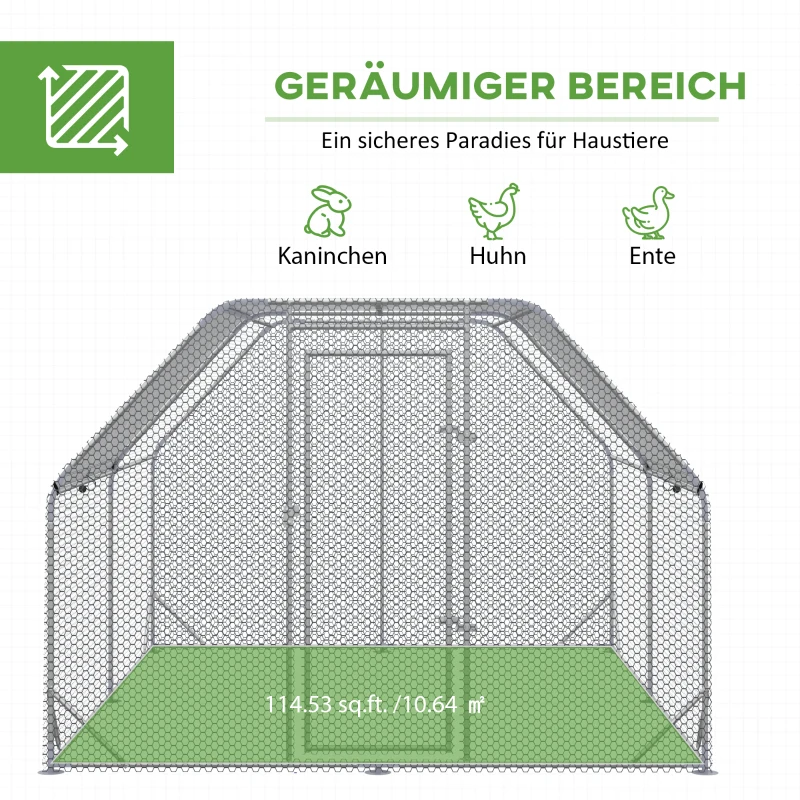 PawHut Hok voor kippenren en kippenhok, met loopruimte, vergrendelbare deur, geschikt voor 10-12 kippen, 280 cm x 380 cm x 195 cm, Grijs