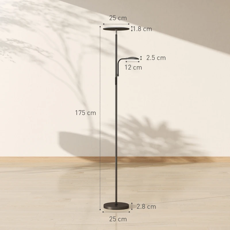 HOMCOM Lampă de Podea cu 2 Puncte de Lumină Reglabilă pe 4 Nivele, Temperatură 2700K-6500K și Telecomandă, Negru