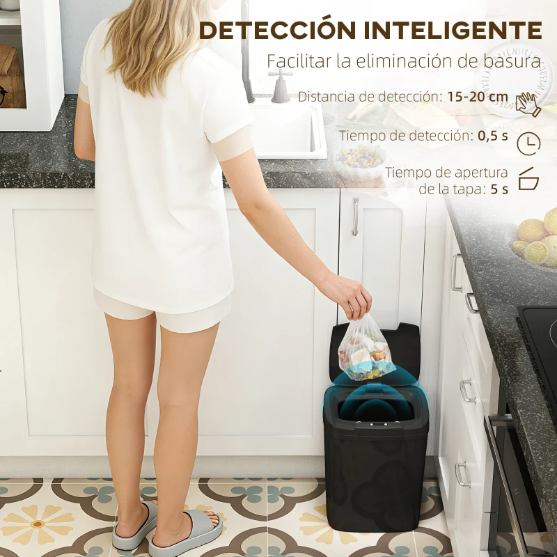 HOMCOM Cubo de Basura Cocina Automático 15 L con Sensor Infrarrojo y Modo Manual Anillo de Retención Antihuellas Negro