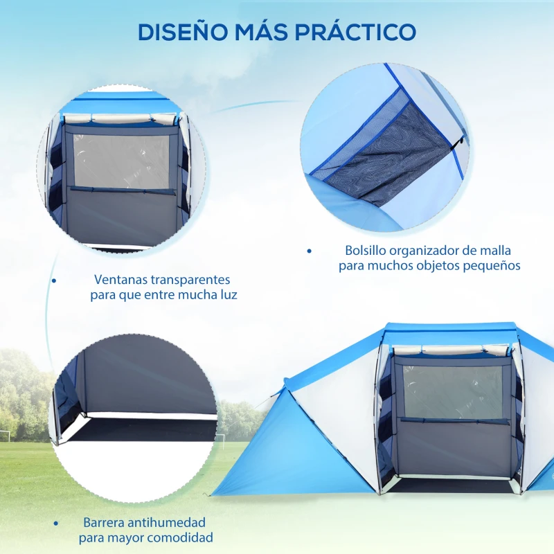 Outsunny Tienda de Campaña Familiar para 4 Personas con 2 Habitaciones y Bolsa de Transporte 430x230x170 cm Azul y Blanco