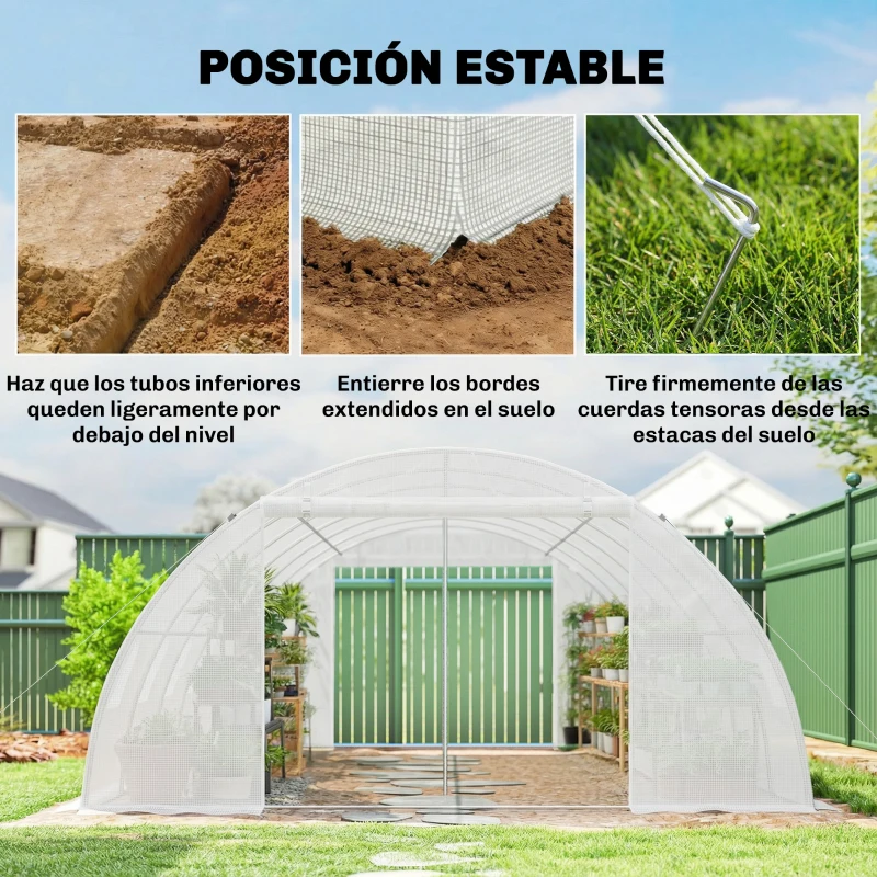 Outsunny Invernadero de Túnel con 2 Varillas de Soporte 2 Puertas Enrollables y Ventanas de Malla Cubierta de PE Anti-UV Blanco