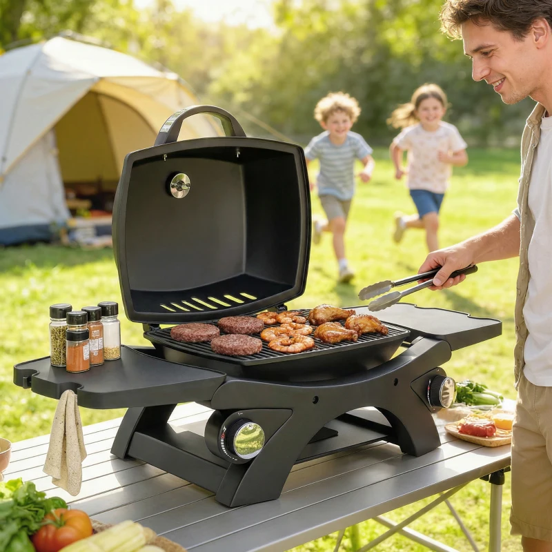 Outsunny 2 Burner Gas Grill with 2 Detachable Side Tables, 3.8 KW Steel Barbecue Grill with Cast Iron Grates, Lid, Thermometer
