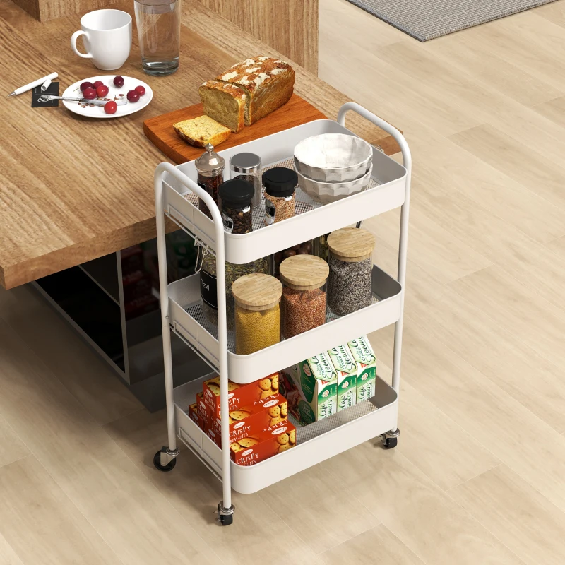 HOMCOM Keukenwagen met 3 planken, 4 wielen, 45 cm x 30,6 cm x 79 cm, Wit