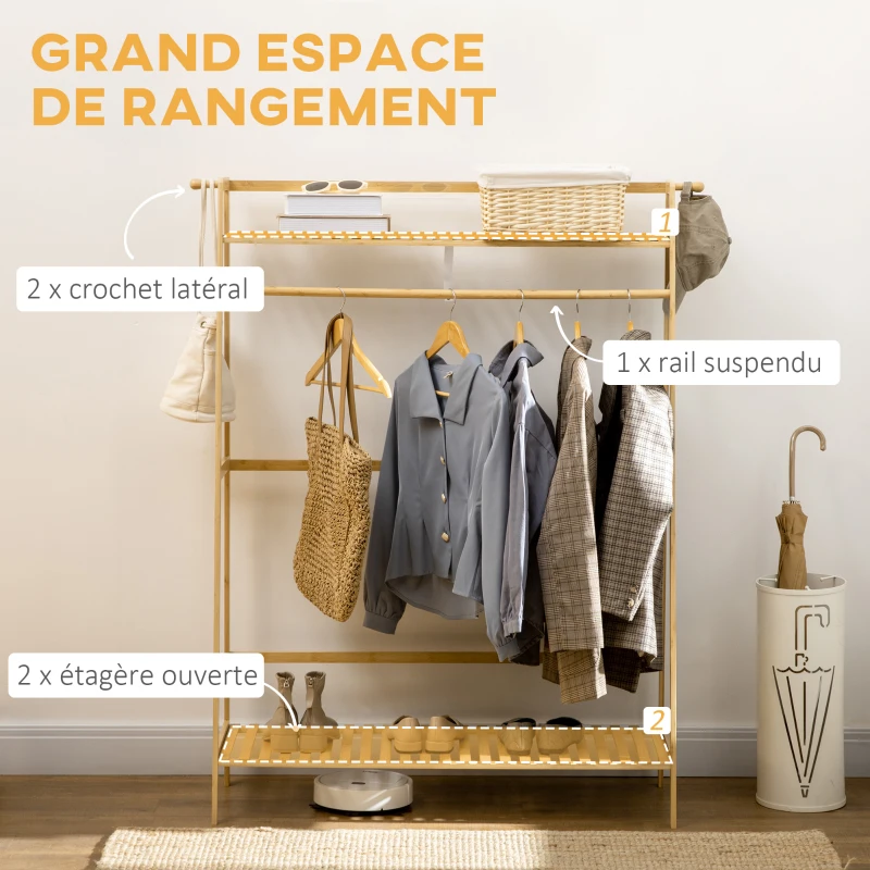 HOMCOM Portant à vêtements penderie porte-manteau avec 2 étagères 2 crochets et 1 barre de suspension en bambou