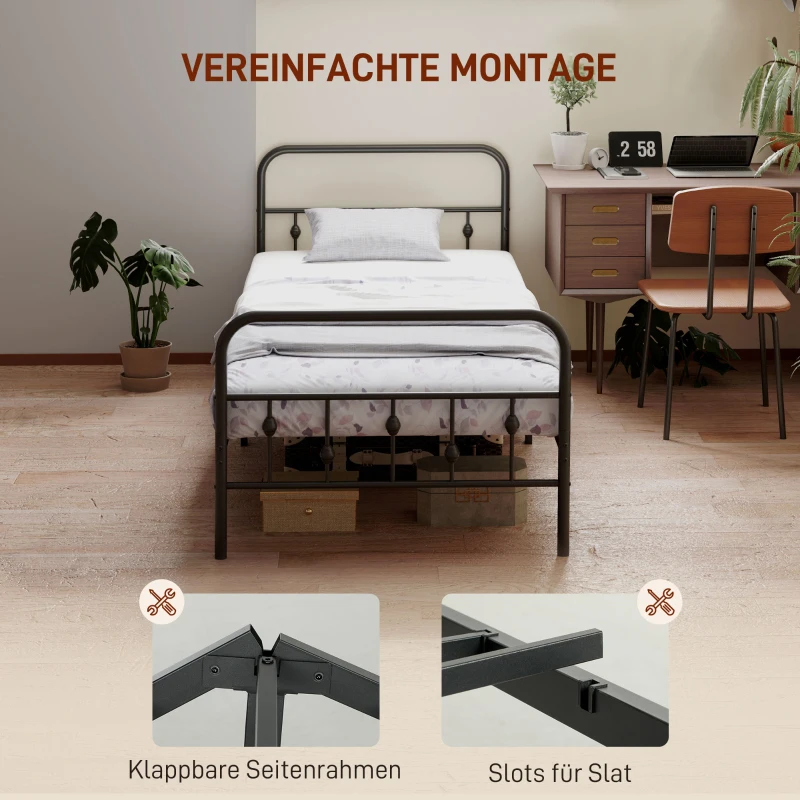 HOMCOM Metalen eenpersoonsbedframe, Eenvoudige Montage, met Geluidsreducerende Rubberen Kits, Zwart
