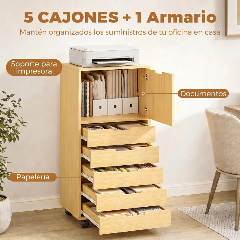 HOMCOM Cajonera de Oficina con 5 Cajones Ruedas y Armario con Cierre Suave Soporte para Impresora Natural
