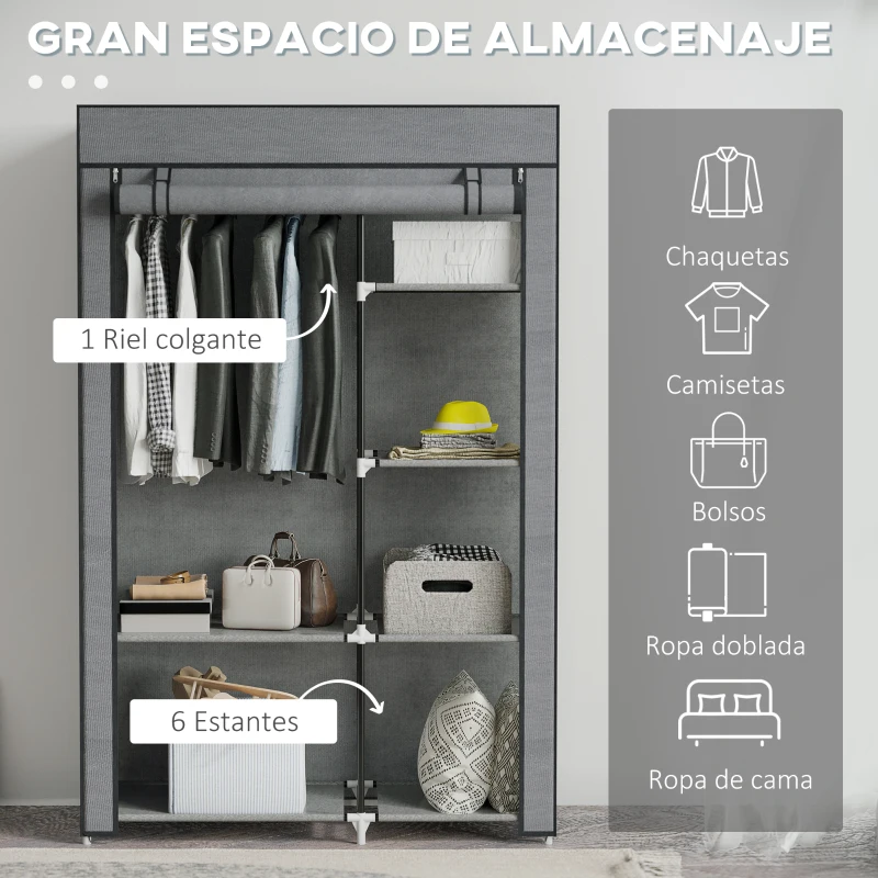 HOMCOM Armario de Tela Plegable Ropero Portátil con 6 Estantes y 1 Barra de Colgar para Dormitorio 103x43x162,5cm Gris Oscuro