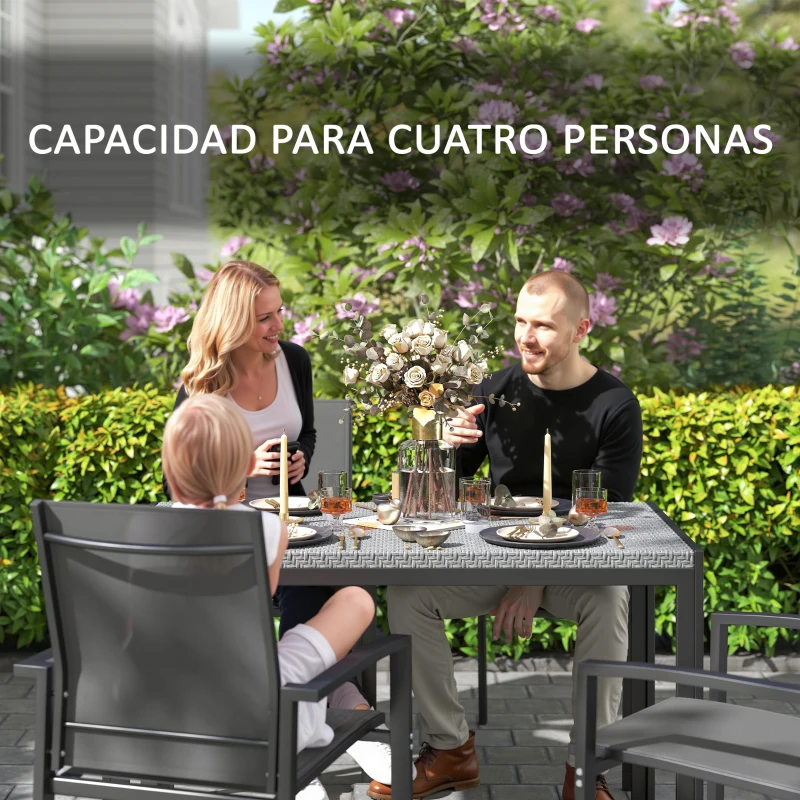 Outsunny Mesa de Comedor de Jardín Exterior de Ratán Sintético para 4 Personas con Estructura de Metal 120x70x72 cm Gris y Negro