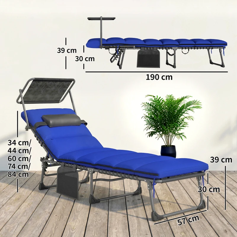 Outsunny Folding Sun Loungers Set of 2 with Canopy, Reclining Sunbed with Cushion, Side Pocket, Carrying Handle, Dark Blue