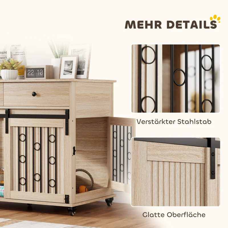 PawHut Hondenbench op wielen, 2 deuren, 2 lades, voor middelgrote en grote honden, hout, staal(m-7)