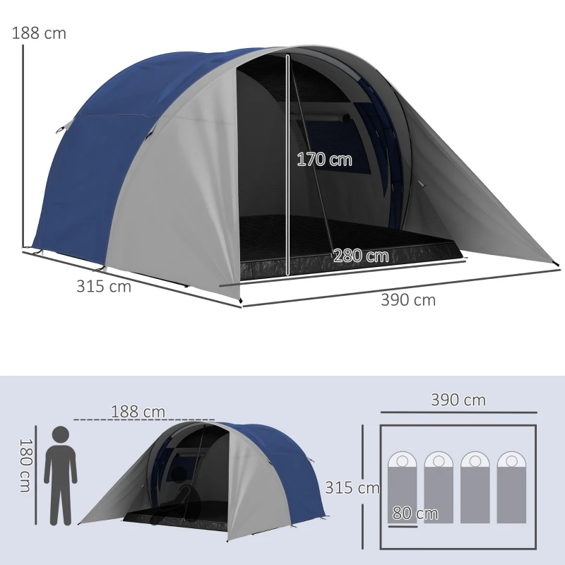 Outsunny Tente de camping familiale 3-4 personnes étanche légère ventilée facile à monter, dim. 390L x 315l x 188H cm