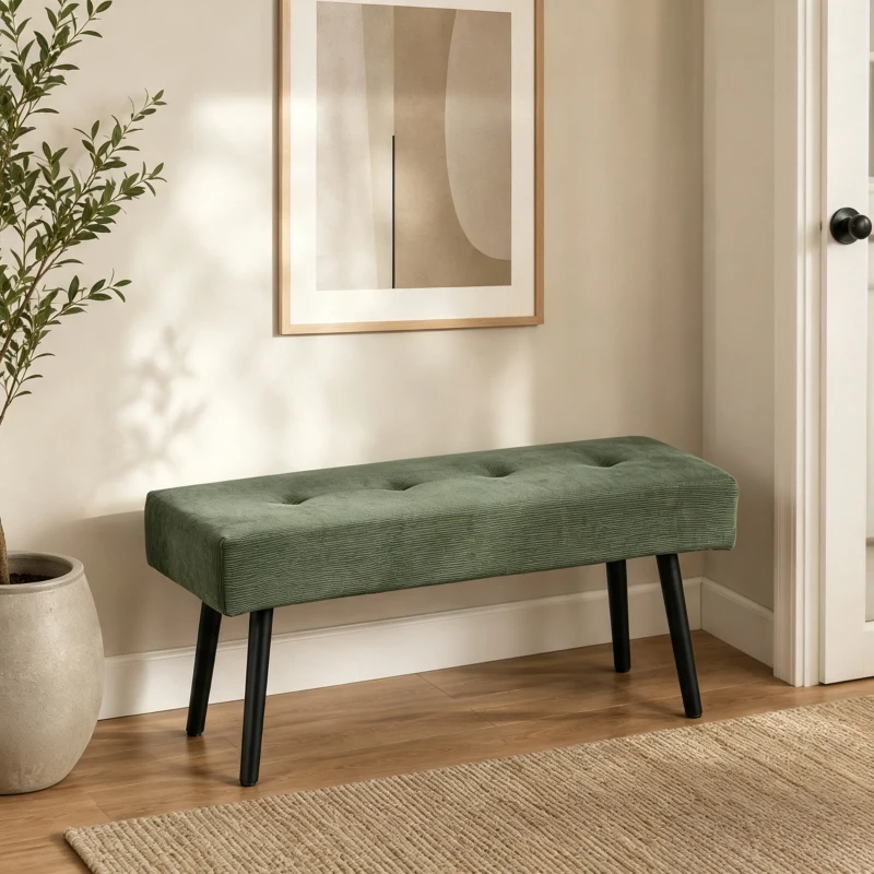 HOMCOM Banco Pie de Cama Tapizado en Pana con Asiento Acolchado Diseño Capitoné y Patas de Acero para Dormitorio Verde