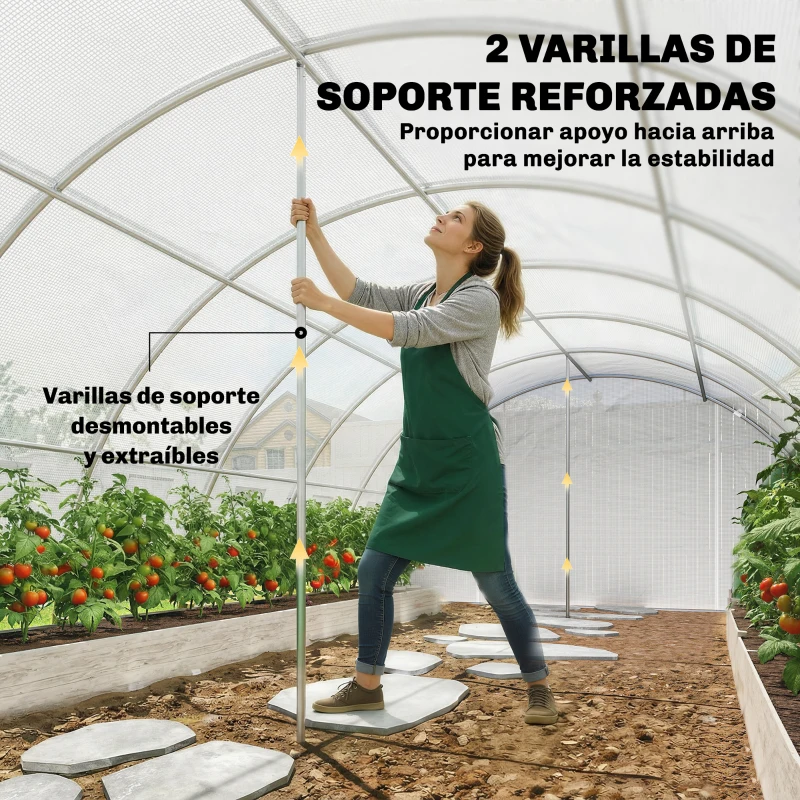 Outsunny Invernadero de Túnel con 2 Varillas de Soporte 2 Puertas Enrollables y Ventanas de Malla Cubierta de PE Anti-UV Blanco