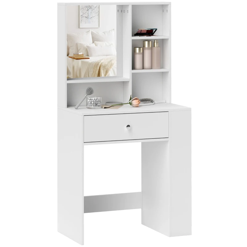 HOMCOM Kaptafel met Spiegel, Lade, 3-traps Zijopslag, Spaanplaat, Wit(m-10)