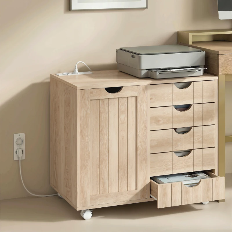HOMCOM Mueble para Impresora con Estación de Carga y Ruedas 5 Cajones Puertos USB Estante Ajustable Natural