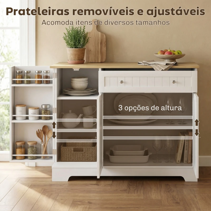 HOMCOM Aparador de Cozinha 3 Prateleiras com Porta Gaveta Prateleiras Ajustáveis para Sala de Jantar 105x40x83 cm Branco