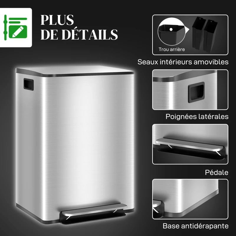 HOMCOM Poubelle de cuisine 2 compartiments de 2 x 30L, avec pédale, en acier inoxydable, couvercle à fermeture douce