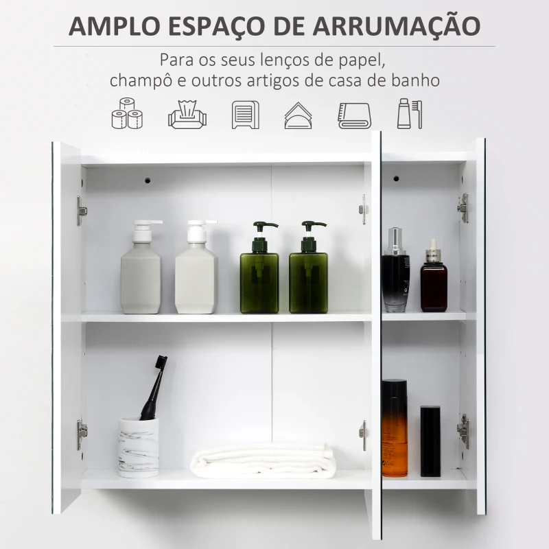 kleankin Armário de Casa de Banho com 3 Portas com Espelho Armário de Parede com Prateleiras Internas Ajustáveis 70x15x60 cm Branco