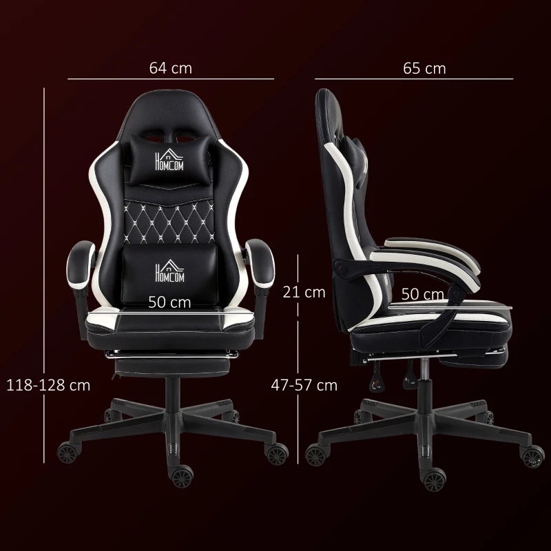 HOMCOM Gaming-Stoel met Voetensteun, Computerstoel met Hoofdkussen & Kussen, Kunstleer Bekleding, Draaibaar, Hoogte Verstelbaar, Metaal, Kunststof, Zwart+Wit