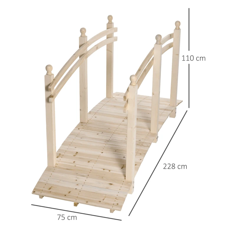 Outsunny Ponticello di Legno per Giardino Passerella Curva con Ringhiera, 228x75x110cm Colore Legno Naturale