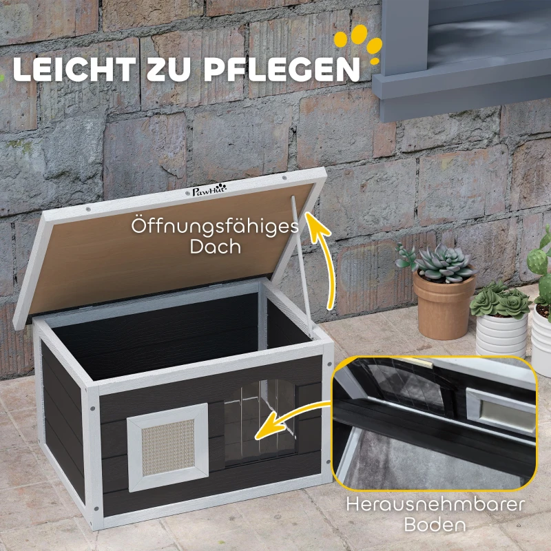 PawHut houten kattenhuis waterdicht met opklapbaar bitumendak, uitneembare krabmat, verhoogde bodem, kattenhol, kattenbox voor buiten in de tuin, 61x45x36,5 cm, grijs