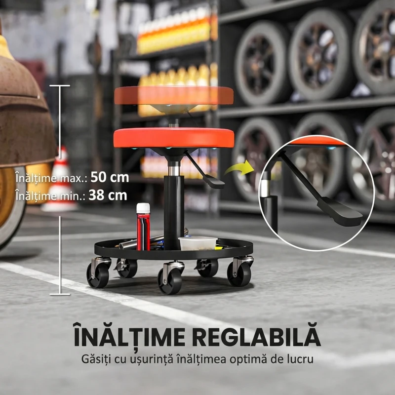 HOMCOM Scaun de atelier cu roți, scaun de mecanic, reglabil 38-50 cm, tavă pentru unelte, 135 kg, portocaliu
