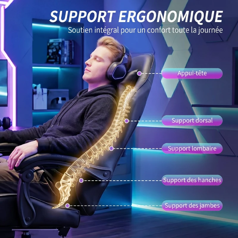 HOMCOM Chaise gaming ergonomique, fauteuil gamer avec support lombaire massant, dossier inclinable, hauteur réglable, noir