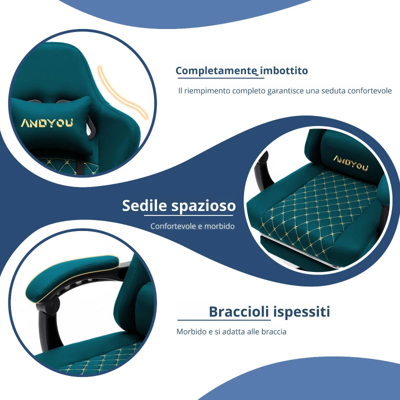 Sedia da gaming con poggiapiedi, cuscino morbido per nuca e lombare, cuscini di supporto rimovibili, 60x60x122 cm, blu marino