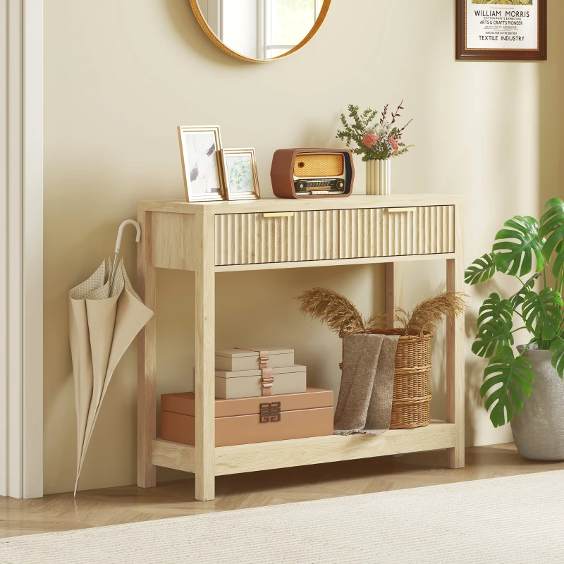 HOMCOM Modern Console Table with Fluted Panel Drawers, Narrow Hallway Table with Shelf for Entryway, Living Room, 90 x 30 x 76 cm, Natural Wood Finish