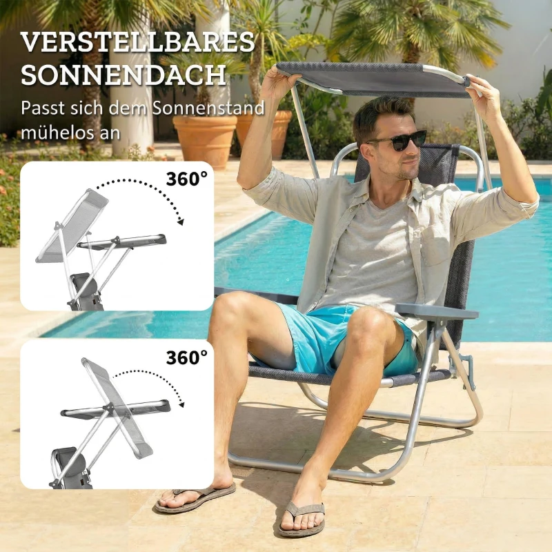 Outsunny Inklapbare ligstoel tuinligstoel met hoofdkussen en verstelbaar zonnedak 6-voudig verstelbare rugleuning 62 x 68 x 79 cm Donkergrijs