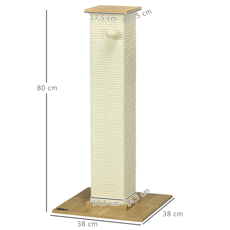 PawHut kattenboom, 80 cm, krabpaal voor katten met speelgoedbal, krabpaal van sisaltouw, krabpaal voor katten met krabplank, kattenmeubel, eiken+crèmewit