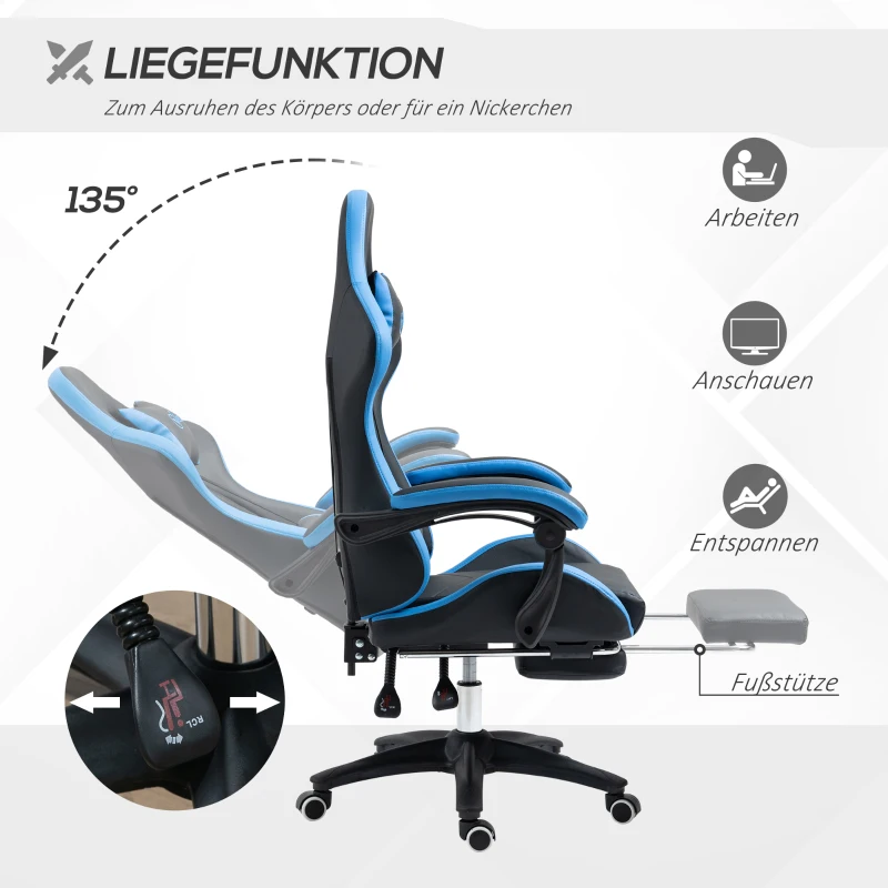 Vinsetto Bureaustoel, Gamingstoel met 1 Hoofdsteun, 1 Lendensteun, Blauw + Zwart