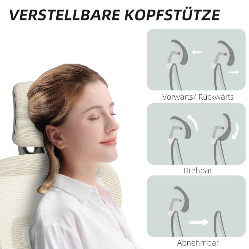 HOMCOM Bureaustoel, ergonomische bureaustoel met mesh-bekleding, verstelbaar, verrijdbaar, met armleuningen, hoofdsteun, beige(m-9)