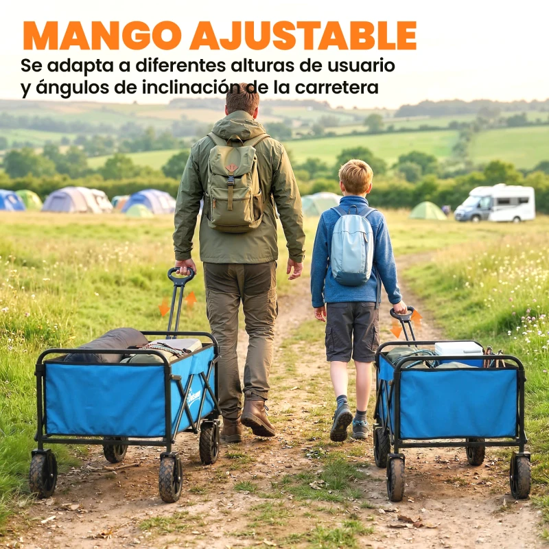 Outsunny Carro de Jardín Plegable con Ruedas Bloqueables Mango Ajustable Portavasos Carga 80 kg para Campaña 85x50x99 cm Azul