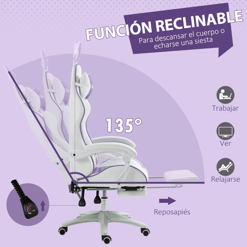 Vinsetto Silla Gaming de Cuero Sintético Reclinable 135° Reposacabezas Soporte Lumbar y Reposapiés 65x63x136-142 cm Púrpura