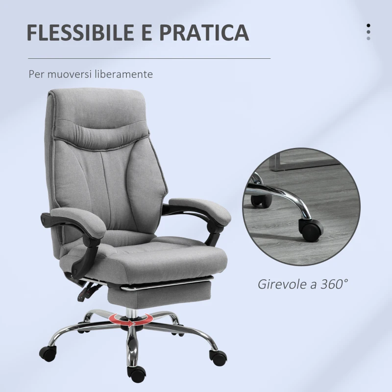 Vinsetto Sedia da Ufficio Ergonomica Girevole, Sedia da Scrivania con Rotelle, Poggiapiedi Retrattile e Reclinabile 135°, Altezza Regolabile, Grigio