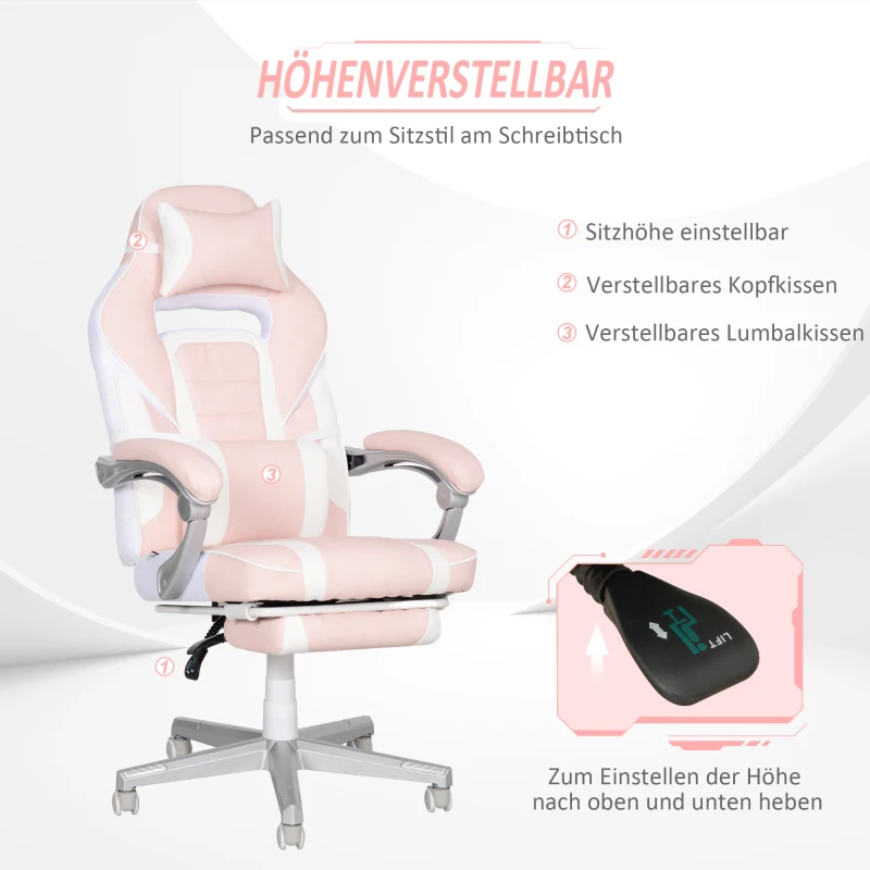 HOMCOM Gamestoel met voetensteun, in hoogte verstelbare bureaustoel met hoofd- en lendekussen, draaibare gamestoel met kantelbare rugleuning, kunstleer, tot 120 kg, roze(m-4)