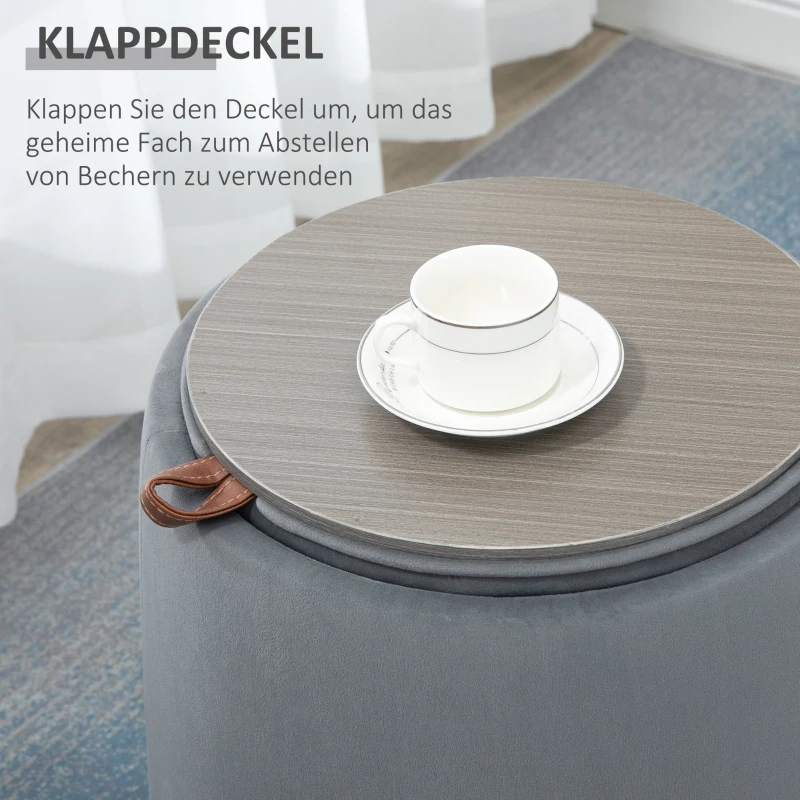 HOMCOM 2-in-1 Ottomaanse kruk, ronde gestoffeerde kruk, voetenbank met opbergruimte, verwijderbaar fluwelen deksel, bijzettafel voor woonkamer, slaapkamer, grijs, Ø44 cm x 47,5 cm(m-4)