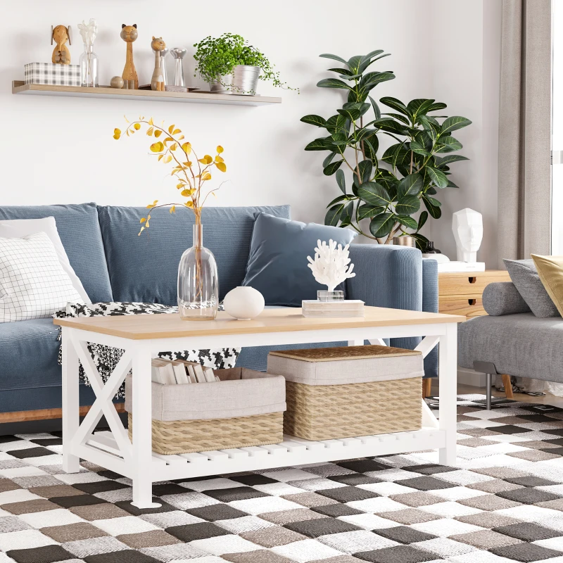 HOMCOM Contemporary X-Design Coffee Table w/ Storage Shelf 4 Legs, 2-Tier Center Table for Living Room Bedroom Office, Sturdy Structure