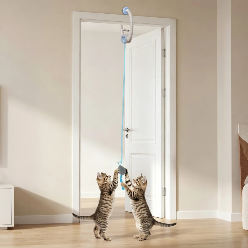 PawHut Interactief Kattenspeelgoed USB-Oplaadbaar Deurhangend Stuiterende Muis voor Katten, 24,1 x 13,8 x 6,6 cm Wit